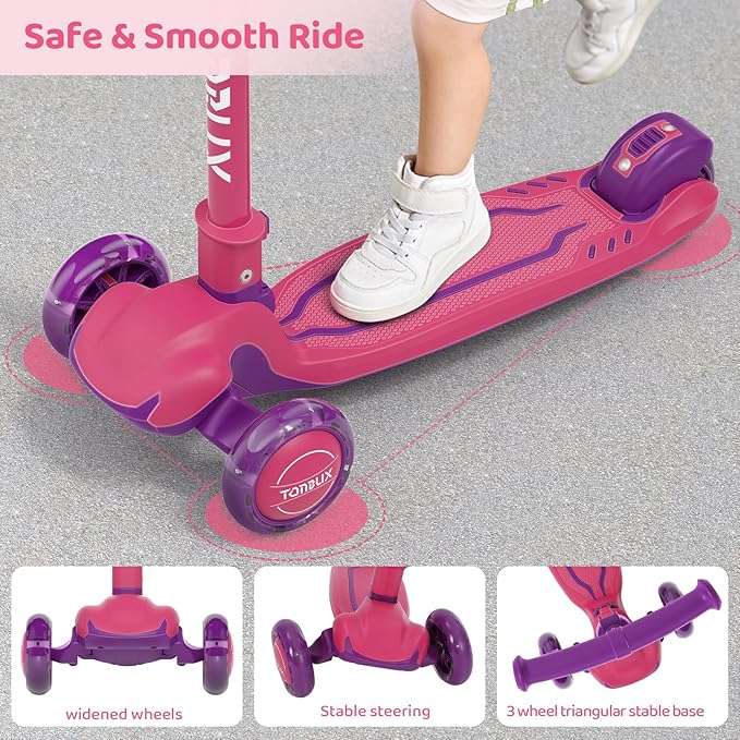 TONBUX Kids Scooter, Light Up 3 Wheel Kick Scooters for Kids 3-12, Folding Scooters with Adjustable Height - Toddler Scooter Lean-to-Steer & Widen Anti-Slip Deck