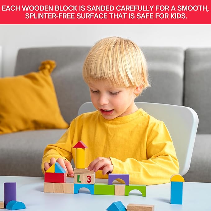 Alphabet Number Wooden Building Blocks Set -100 Blocks in 5 Water Paint Colors and 7 Shapes. Preschool Montessori Kids Baby Toys. Stacking Learning Toys for Toddlers. Age 18 Months +