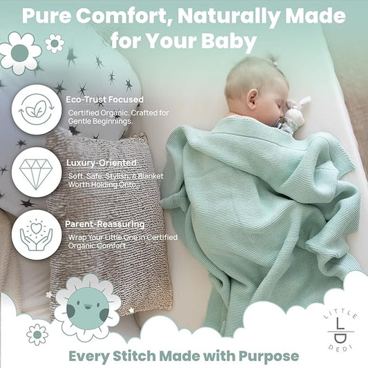 100% Organic Cotton Baby Knitted Blanket with Gift Box - Soft Toddler, Crib, Stroller Blanket - Neutral Swaddle and Receiving Blanket for Newborns, 30"x40", Sage