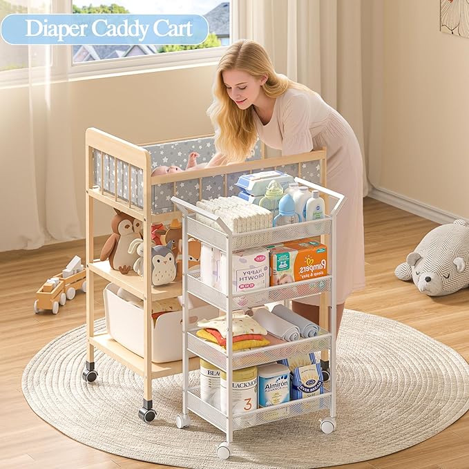 3IngSeagulls Baby Diaper Caddy Cart, 4-Tier Diaper Caddy Organizer and Storage, Rolling Utility Cart for Baby Supplies, Diaper Cart with Wheels for Bedroom, Nursery, Changing Table, White