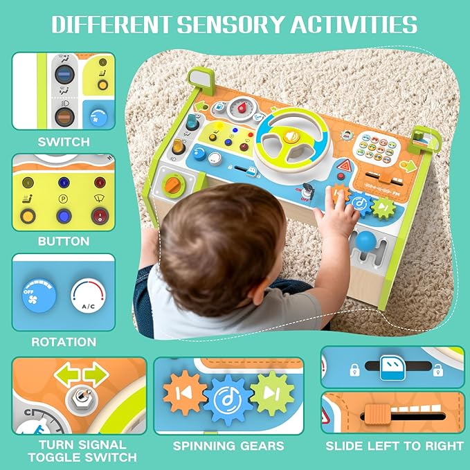Montessori Car Busy Board for Toddlers, Wooden Sensory Steering Wheel Activity Baby Toy with Lights, Buttons, Gears & Key Start, Kids Interactive Educational Toys for Boys Girls