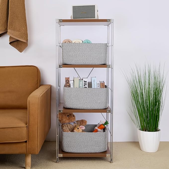 MiniArk Large Storage Baskets for Shelves, Closet Organizers Bins for Clothes Blanket Towels, Baby Nursery, Toy Baskets Box, Woven Rope Baskets, 17 x 13 x 7.5”, 2 Packs Mixed Grey
