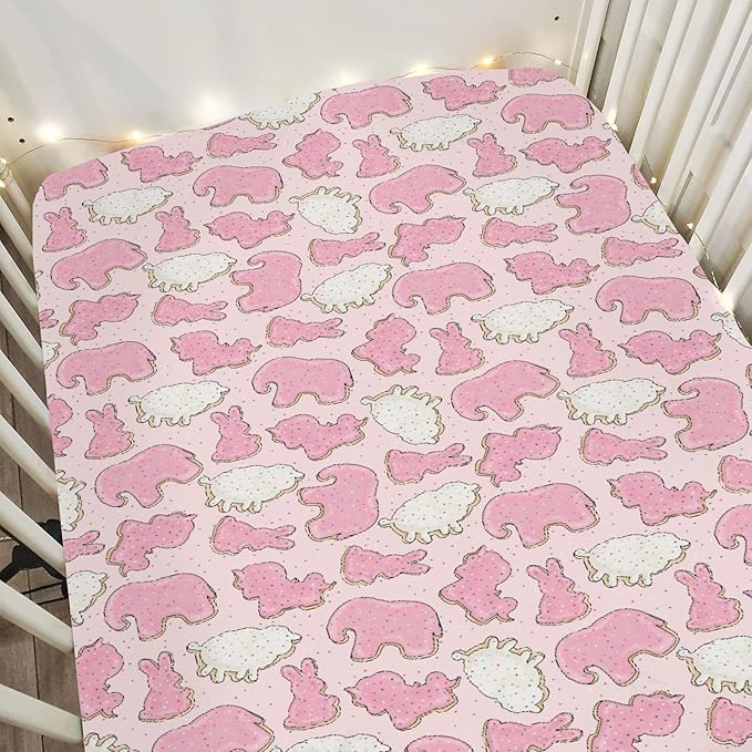 Pink Animal Cookie Baby Crib Sheets for Boy Girl 52"x28" Cute Frosted Animal Cookie Soft Snug Fitted Crib Mattress Cover Circus Animal Biscuits Baby Sheet for Standard Crib & Toddler Bed Mattress