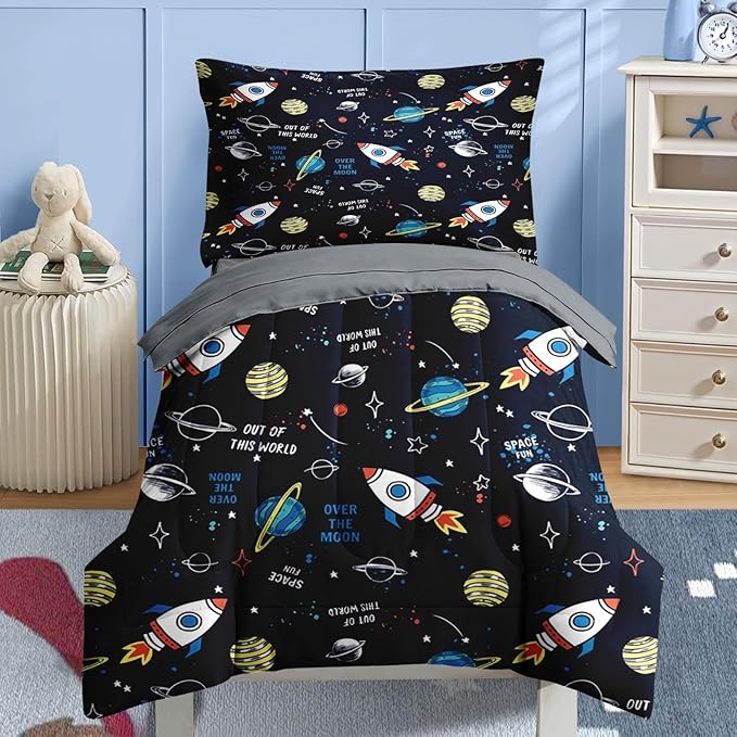 Nesker 4 Pcs Comforter Set Toddler Size, Space Moon Universe Bedding for Kids Teen, Rockets Planets Stars Bed Sheet with Pillowcase & Sham