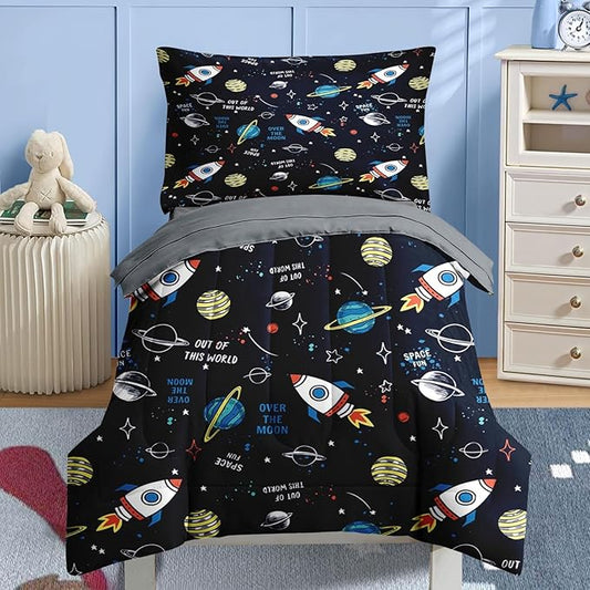 Nesker 4 Pcs Comforter Set Toddler Size, Space Moon Universe Bedding for Kids Teen, Rockets Planets Stars Bed Sheet with Pillowcase & Sham