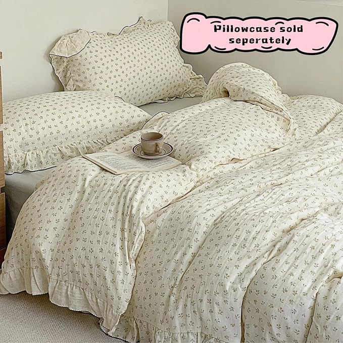 BuLuTu Chic Shabby Vintage Floral Duvet Cover Twin for Kids Girls Boys 100% Cotton Muslin Ruffled Quilt Cover Twin, 68"x86", Sprout Print, Soft Breathable, Zipper Closure, No Pillowcase
