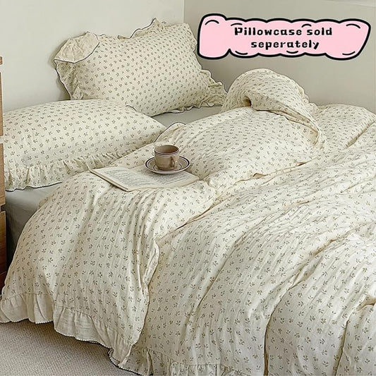 BuLuTu Chic Shabby Vintage Floral Duvet Cover Twin for Kids Girls Boys 100% Cotton Muslin Ruffled Quilt Cover Twin, 68"x86", Sprout Print, Soft Breathable, Zipper Closure, No Pillowcase