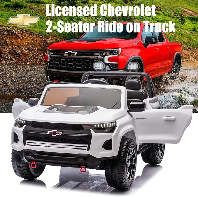 POSTACK Kids 24V 7Ah Kids Ride On Toy Car Chevrolet Official License 2 Seats Ride On Truck with Remote Control, LED Lights and Bluetooth Music Play Children Gifts for Girls and Boys Toy White
