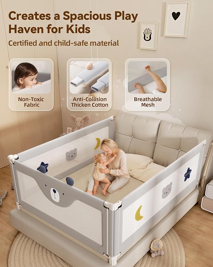 3 Piece Bed Rails for Queen Bed, No-Drill Needed Baby Bed Rail Guard for Toddlers with Height Adjustable, Thickened Child Safety Side Railing Guards/Bedrail for Kids, Grey Bear Design, 60x78.7x78.7in