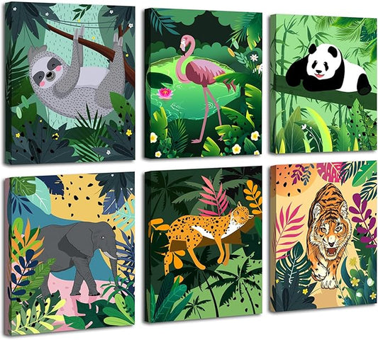 Framed Baby Safari Animal Wall Art Prints,Tropical Jungle Safari Animal Wall Art,leopard Tiger Flamingo Tiger Palm Botanical Leaves Canvas Prints for Baby Kids Room Decor Set of 6 (8"X10")