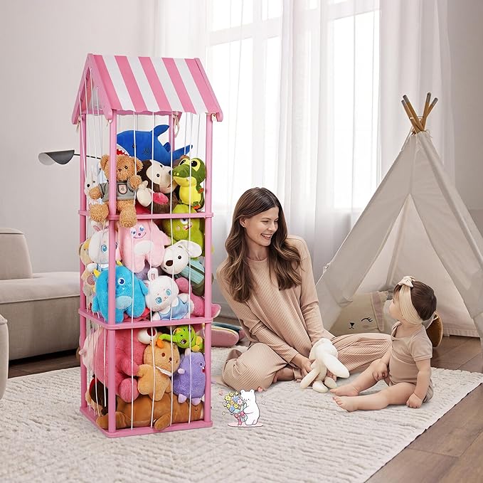 Edudif Stuffed Animal Storage, Space Saving Vertical Stuffed Animal Holder Wood, Easy Assembly Cottage-Style Plush Toys Organizer for Kids Bedroom & Playroom (Pink, Large)
