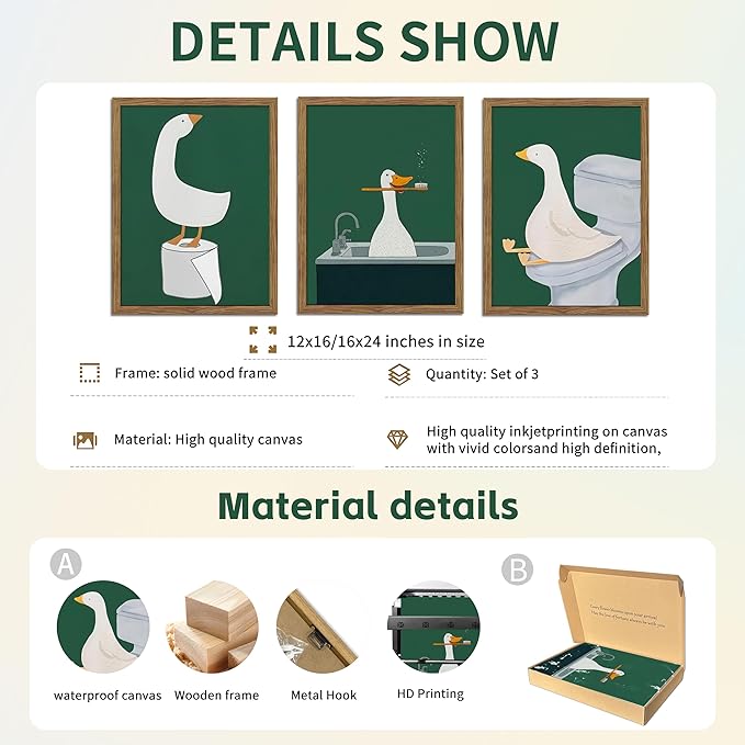 Framed Silly Goose Wall Art Bathroom Art Wall Decor Set of 3, Funny Gooses Poster Print, Dark Green Nursery Decor, Cute Animal Pictures Canvas for Kids Bathroom Washroom – 12x16 inch
