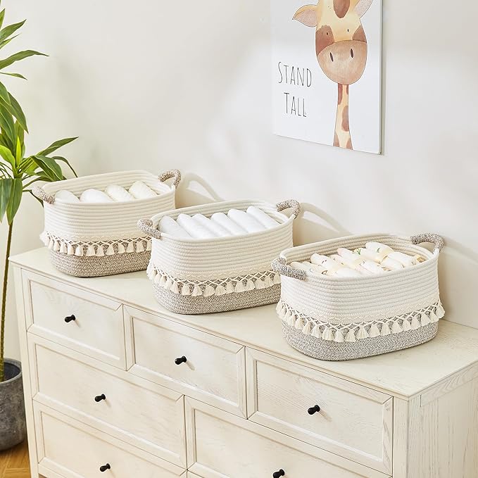 BUBUSUN Storage Bins Woven Baskets for Storage Set of 3, Cotton Rope Basket with Handles for Toys/Shelves/Laundry, Rectangle Multi-Purpose Organizer for Living Room, Bedroom, Nursery (White/Beige)