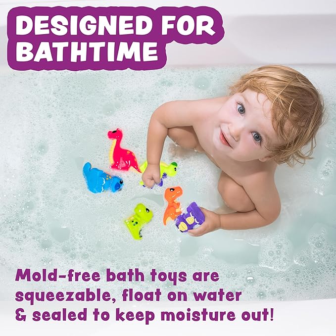 Tub Works® Dinosaur Mold Free Bath Toys, 12 Pack | Sealed, No Hole Bath Toys Design Keeps Moisture Out | Soft, Squeezable & Float on Water | Easy-Grip Baby & Toddler Bath Toy Set | Baby Pool Toys