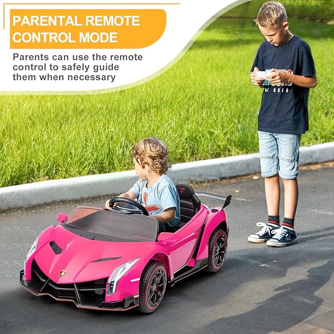 Winado 12V Ride on Car, Electric Vehicle Licensed Lamborghini Veneno for Kids, Battery Powered Car Toy w/Parent Control, Hydraulic Doors, 3 Speeds, LED Headlights, Horn, Engine Sounds - Pink