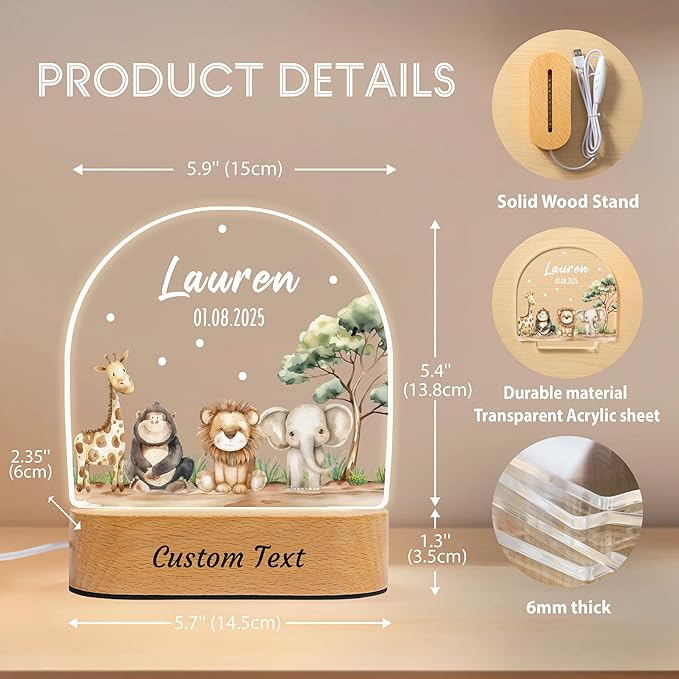 IOUMAM Personalized Baby Gifts Animal Name Night Light for Kids, Custom LED Acrylic Plaque, Baby Shower Christmas Newborn Gifts for Boys Girls, Safari Jungle Animals Nursery Room Decor for Children