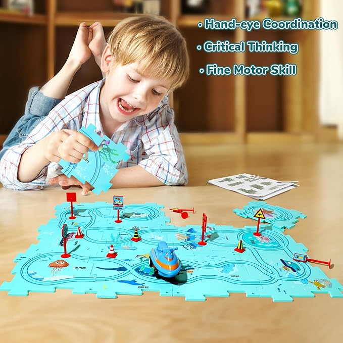 New Plastic Puzzles for Kids Ages 3-5 with A Cute Vehicle, Toddler Puzzles Gift, Critical Thinking Educational Toys, Toys for 3 4 5 6 Year Old Boys Girls, Fun Race Car Track STEM Toys for Kids
