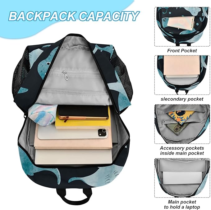 Jucciaco Watercolor Stingray Fish Backpack with Lunch Bag, School Backpack for Teens Boys Girls Kids Travel Backpacks Set