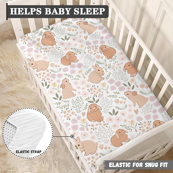 Rabbit Floral Fitted Crib Sheet Flower Animal Baby Crib Sheet Fit Standard Crib and Toddler Mattress,Crib Mattress Sheets for Boys Girls 28"x52"