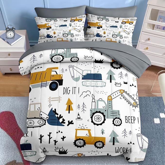 Nesker 4 Pcs Comforter Set Toddler Size, Construction Vehicles Bedding for Kids Teen, Cargo Crane Bulldozer Excavator Bed Sheet with Pillowcase & Sham