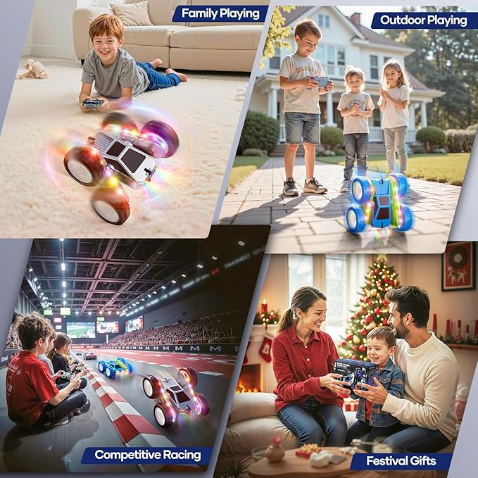 WayEee Remote Control Car for Boys 4-7, 360° Flips Rotating RC Stunt Car with Type-C Charging and LED Lights Strips, 2.4 GHZ Double Sided All Terrain 4WD RC Cars for Girl Boys Christmas Birthday Gift
