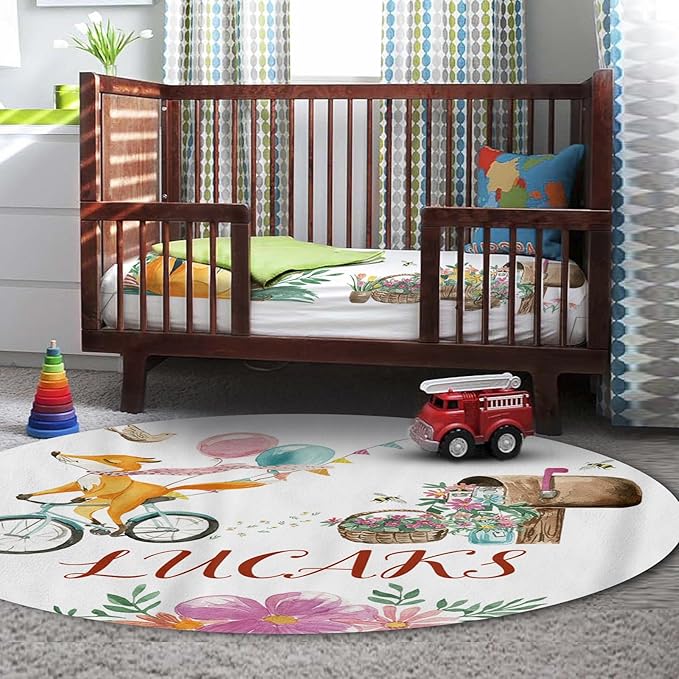 Custom Name Crib Bedding Set, Personalized Fox Baby Bedding 5-Piece Set with Soft Blanket Fitted Sheet Changing Pad Cover Rug and Wall Art, Cute Forest Animal Nursery Decor for Newborn Boys Girls
