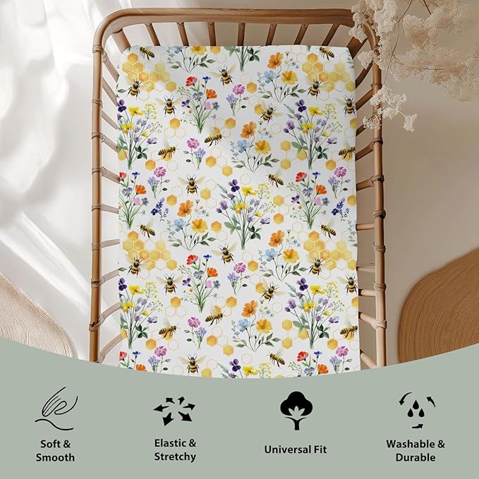 Boho Wildflower Bees Honeycomb Baby Crib Sheets for Boy Girl 52x28Inch Watercolor Honeybee Floral Soft Snug Fitted Crib Mattress Cover Summer Baby Sheet for Standard Crib and Toddler Bed Mattress
