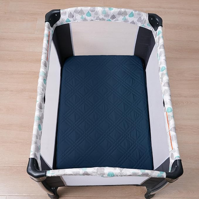 david's kids 2 Pack Waterproof Mini Crib Mattress Protector, Fit Pack N Play, Playard and Mini Crib Mattresses, Ultra Soft Breathable Pad Cover for Boys Girls Neutral, Grey & Navy Blue Checker