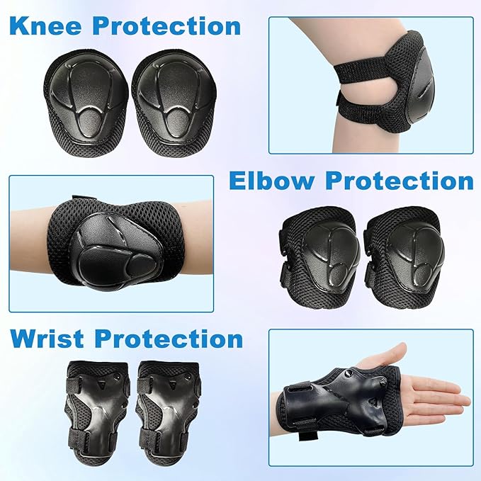 SISIGAD Kids Protective Gear Set, Strap Adjustable Knee Pads and Elbow Pads Wrist Guard 6 in 1, Suitable for Scooter, Skateboarding, Cycling, Skating