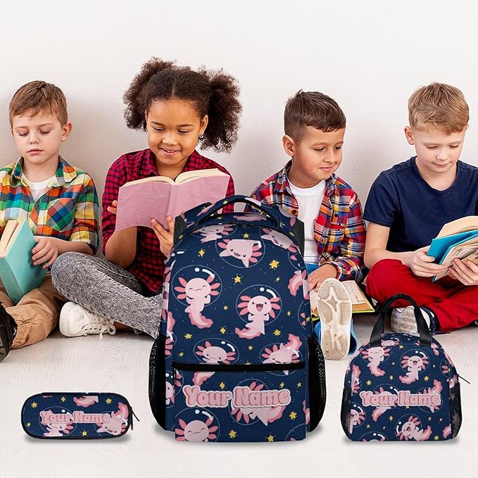 COZYAURA Custom Kids Backpack for Girls - Large Capacity School Bags with Lunch Bag Pencil Pouch Set - Cute Axolotl Bookbag for Elementary Middle School & Travel - Kid School Supplies