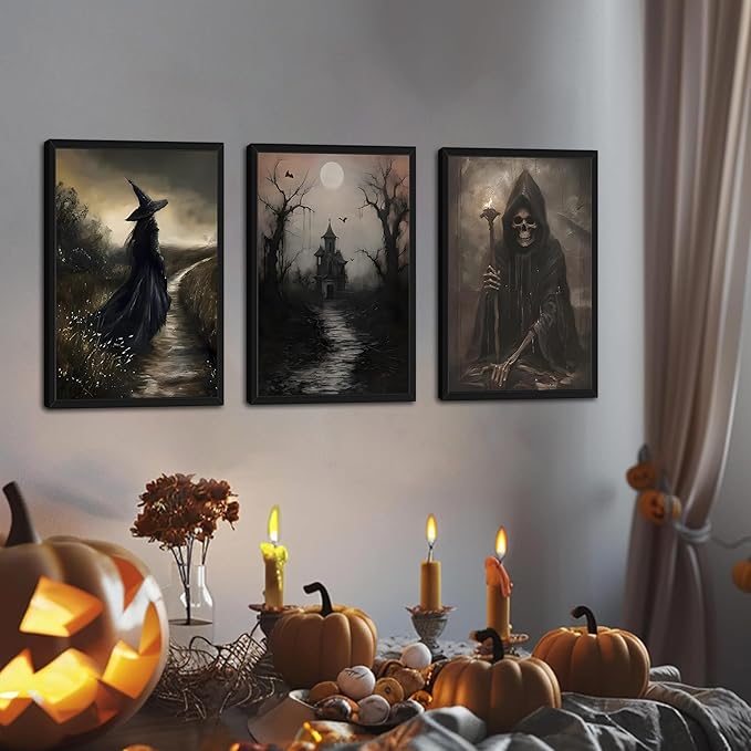 Framed Dark Academia Wall Art Set of 3, Vintage Gothic Skull Witch Wall Decor Paintings, Rustic Moody Spooky Haunted House Prints Pictures for Halloween Living Room 16x24 Inch