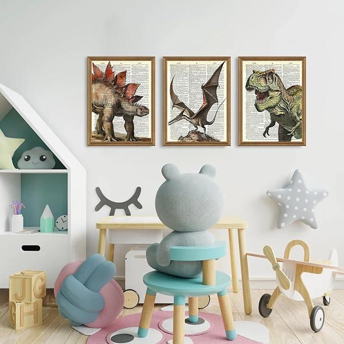 Ovczax 3 Pieces Dinosaur Wall Art - Dinosaur Room Decor, Tyrannosaurus Rex, Pterodactyl, Stegosaurus Canvas Wall Art Poster 16" x 12" With Framed