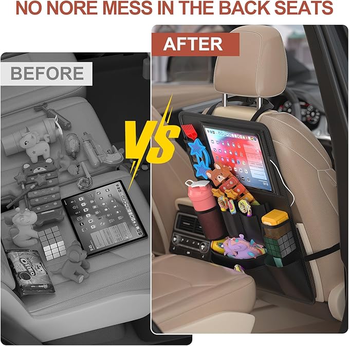 Oneyus Backseat Car Organizer with Touch Screen,Kick Mats Back Seat Protector with 10 Storage Pockets,Car Seat Back Organizers Storage for Snacks Drinks Toy Umbrellas for Kids Road Trip