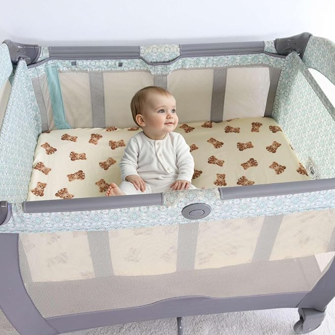 LifeTree Pack and Play Sheets Fitted for Baby, 38" x 26" x 2" Muslin Playard Mattress Pad Cover,70% Viscose from Bamboo and 30% Cotton, Bear Pattern