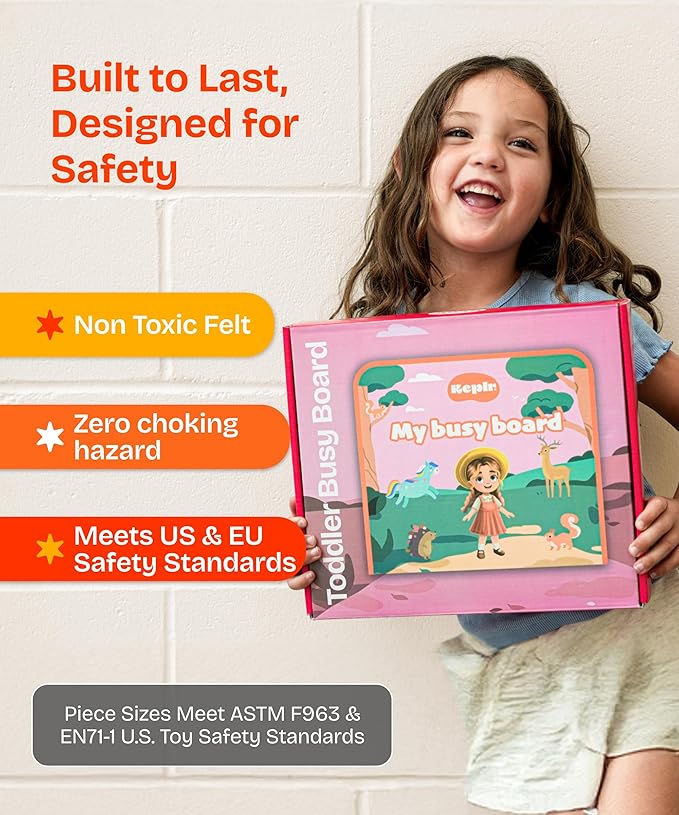 KEPLR Toddler Busy Board Montessori Toys for Toddlers 1-3 Year Old Educational Activity Book Board Sensory Travel Toys Ages 2-4 Preschool Learning Fine Motor Skills Toy Quiet Book Gift for Kids