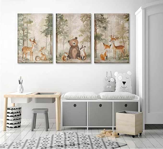 MIZILI 3Pcs Woodland Animal Nursery Canvas wall art Wild Animals Forest Paintings Pictures Wall Decor Fox Bear Deer Watercolor Poster Printing Artwork for Boys Room Girls Room Home Decoration