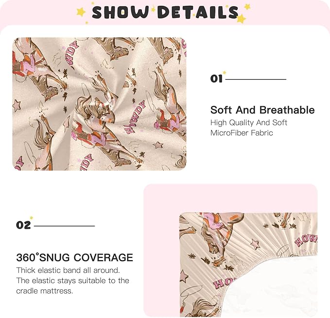 Cowgirl Western Vintage Crib Sheets Soft Breathable Fitted Baby Crib Sheets Mattress Cover for Girl Boys, 52" x 28" x 9"