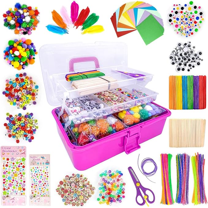 kortes Art and Craft Supplies for Kids, Toddler DIY Craft Art Supply Set Included Pipe Cleaners, Pom Poms, Feather, Folding Storage Box - All in One for Craft DIY Art Supplies, Rose Red