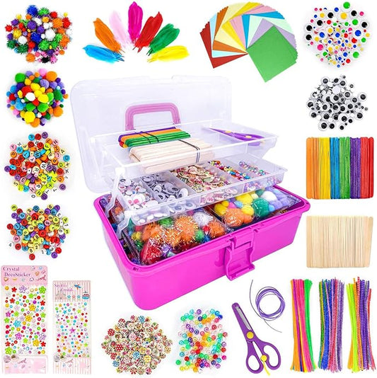 kortes Art and Craft Supplies for Kids, Toddler DIY Craft Art Supply Set Included Pipe Cleaners, Pom Poms, Feather, Folding Storage Box - All in One for Craft DIY Art Supplies, Rose Red