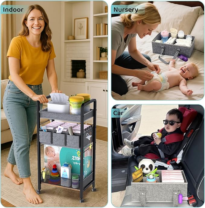 JRANBRJS 2IN1 Baby Diaper Caddy Organizer-3 Tier Rolling Storage Cart with Dividers - Bedside Diaper Caddy Cart for Baby Nursery Newborn Essentials-Mobile Utility Carts with Wheels for Changing Table