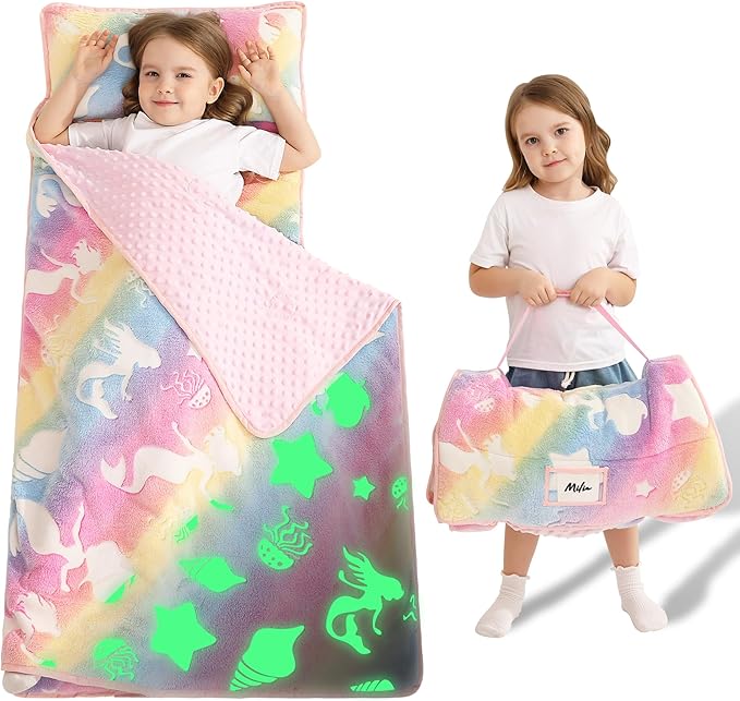 Toddler Nap Mat with Pillow and Blanket, Extra Large Rolled Napping Mats,Slumber Bags for Boys Girls,Kids Sleeping Bag for Daycare, Preschool Travel Camping
