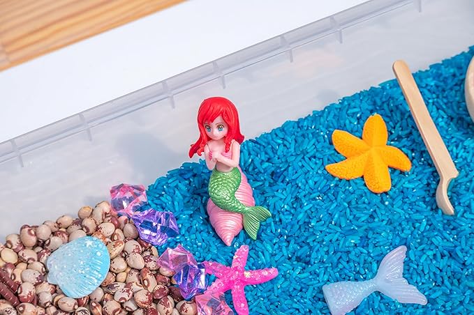 Mermaid Sensory Bin Kit for Kids – Blue Rice, Pinto Beans, Mermaids, Gems, Shells & Treasure Chest – Ocean-Themed Sensory Play with Storage Bin