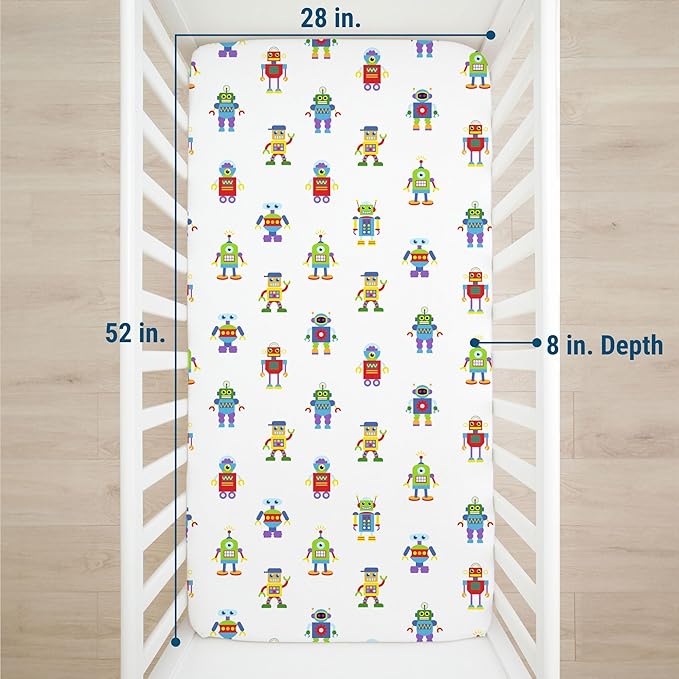 Wildkin Kids 100% Microfiber Crib Sheet – Soft, Breathable Fitted Sheet - Robots