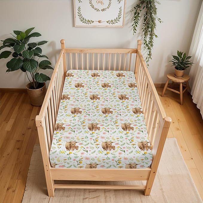 Highland Cows Boho Floral Baby Crib Sheets for Boy Girl 52x28Inch Yak Cattle Retro Flowers Leaves Soft Snug Fitted Crib Mattress Cover Farm Animal Baby Sheet for Standard Crib & Toddler Bed Mattress