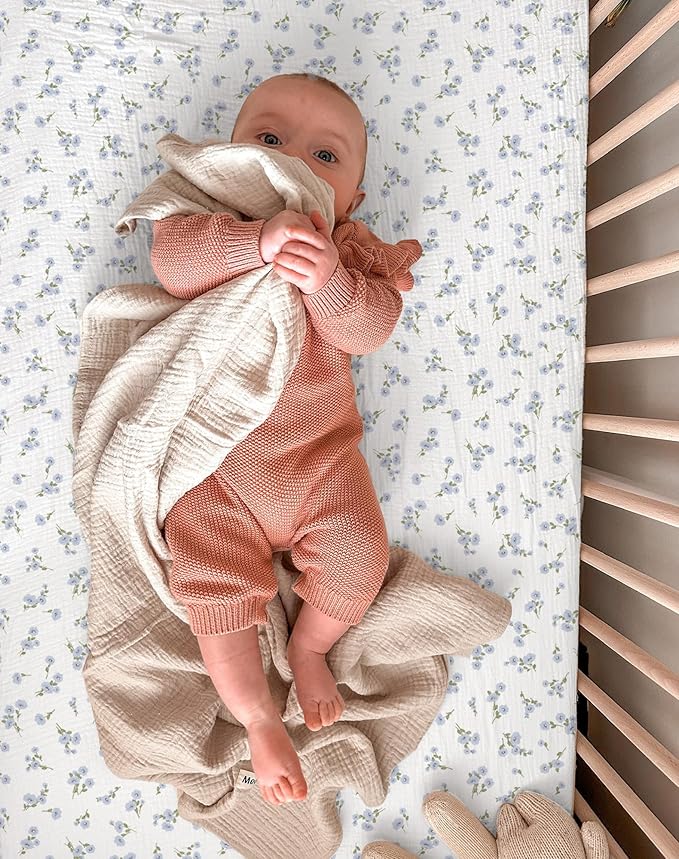 Mini Crib Sheets for Baby Boy Girl 2 Pack, Neutral Mini Crib Mattress Sheet 24" x 38", Muslin Nursery Bedding Soft and Breathable Comfort (Bluebell Bloom & Light Blue)