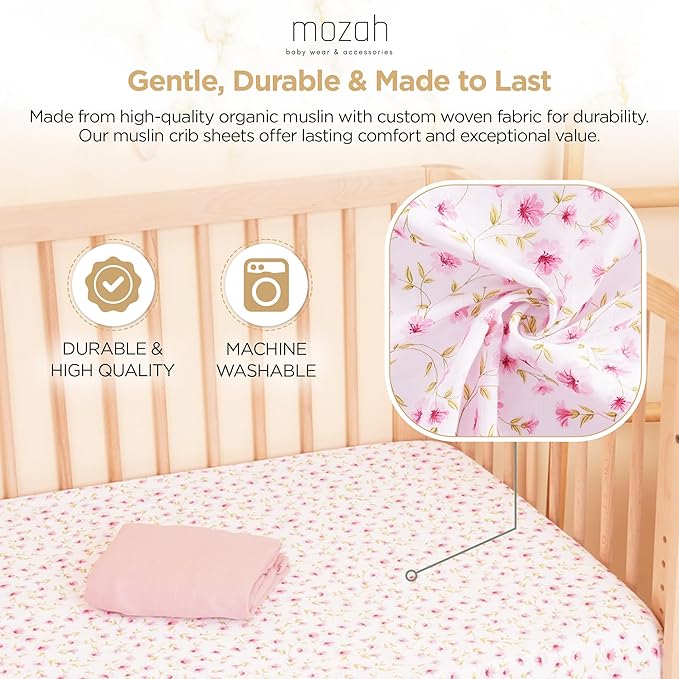 MOZAH Organic Muslin Crib Sheets, Soft and Breathable Bedding for Baby Girls or Boys, Snug Fitted Sheet for Standard Cribs & Toddler Mattresses, 2 Pack, Pink and Pink Leaves