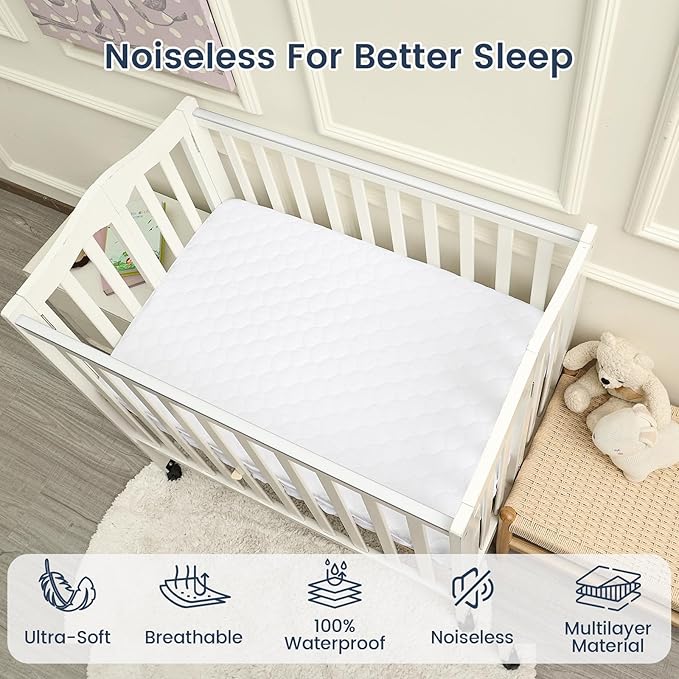 david's kids 2 Pack 38''x25'' Waterproof Mini Crib Mattress Protector, Fitted Pack N Play, Playard and Mini Crib Mattresses, Ultra Soft Breathable Pad Cover for Boys Girls Neutral, White