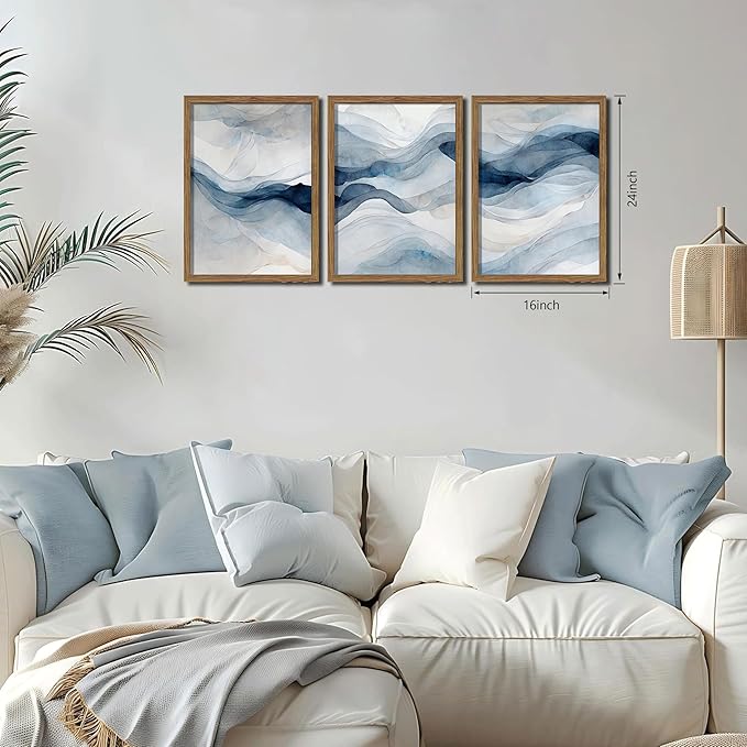 Blue Abstract Wall Art, Modern Navy Blue Abstract Canvas Wall Decor Paintings, Neutral Minimalist Texture Posters Prints Pictures for Living Room Bedroom Office Home Decor 16x24 Inch Wood Framed