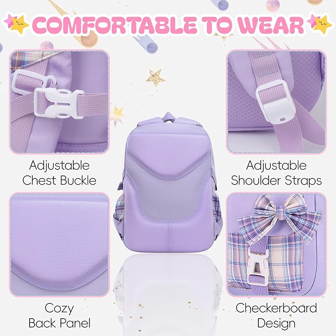 Aulenge Kids Backpack for Girls Cute Teen School Backpack Ages 8-12 with Pencil Case Set Kawaii Stitch Purple School Bookbags with Multiple Pockets for Primary & Middle School Students
