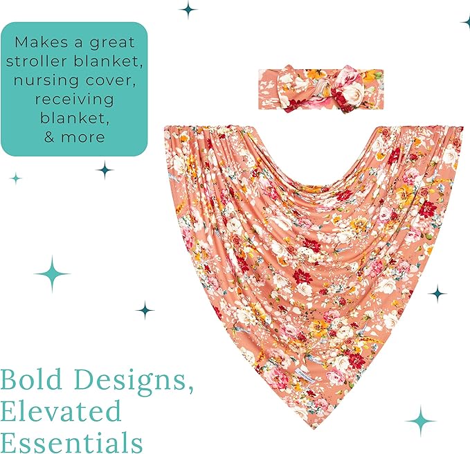 Posh Peanut Swaddle Blanket & Headband Set – Viscose from Bamboo Stretchy Baby Swaddle for Newborn Girls, Receiving Blanket or Nursing Cover